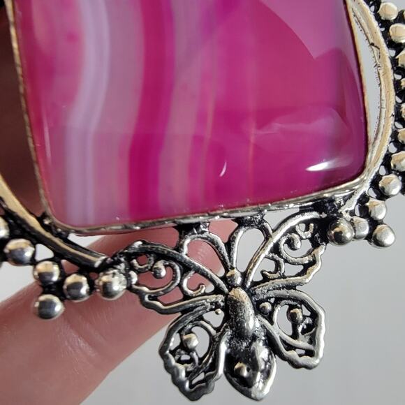 Handmade Silver Pendant Necklace with Pink Banded Agate & Garnet Accents - Picture 9 of 10